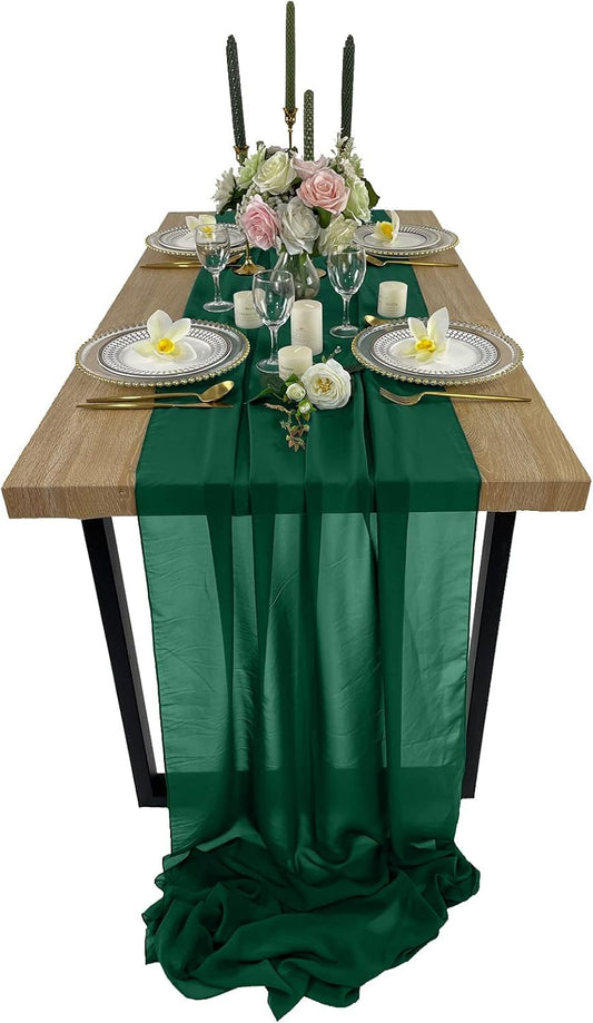 EHLDekol 10ft Chiffon Table Runners 27x120 inches Romantic Sheer Wedding Table Runner Top Table Bridal Party Decoration (Emerald Green，10ft)