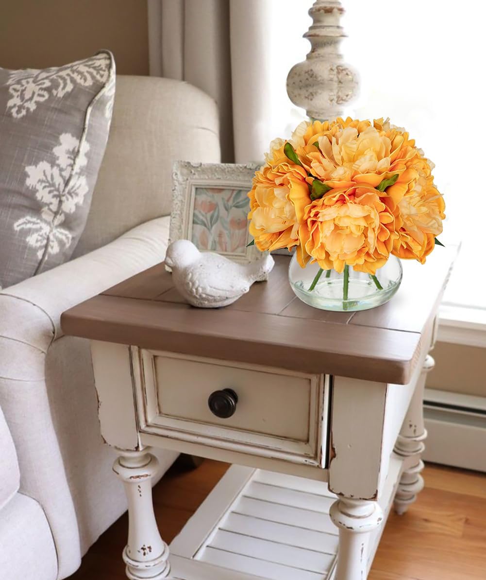 Hollyone Orange Peonies Fall Flowers Artificial for Decoration in Vase Faux Flowers Autumn Peony Silk Flower Arrangements with Glass Vase with Fake Water Table Centerpiece Fall Decorations for Home