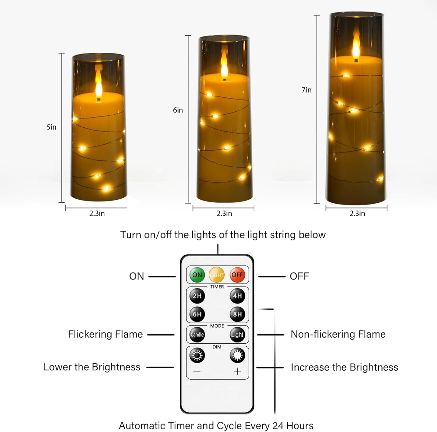 Flickering Flameless LED Candles, 9 Pcs with Embedded Star String, Acrylic LED Pillar Candles with Remote, Suitable for Home Decoration (Grey)