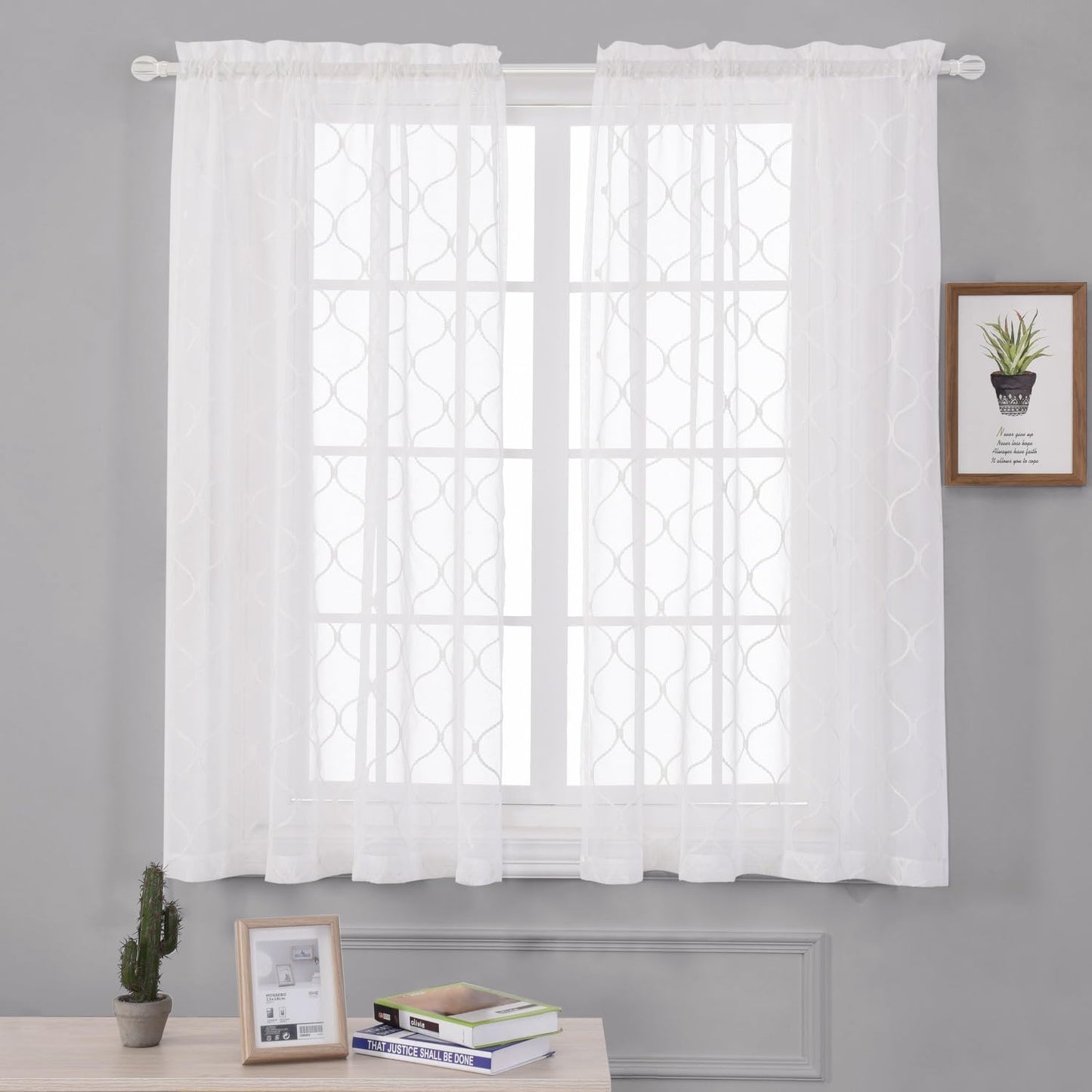 Sheer Curtains White 45 Inches,Wavy Diamond Embroidered Rod Pocket Voile Drapes for Living room, Bedroom, Window Treatments Semi Crinkle Curtain Panels for Yard, Patio, Parlor, 2 Panels, 52"x 45".