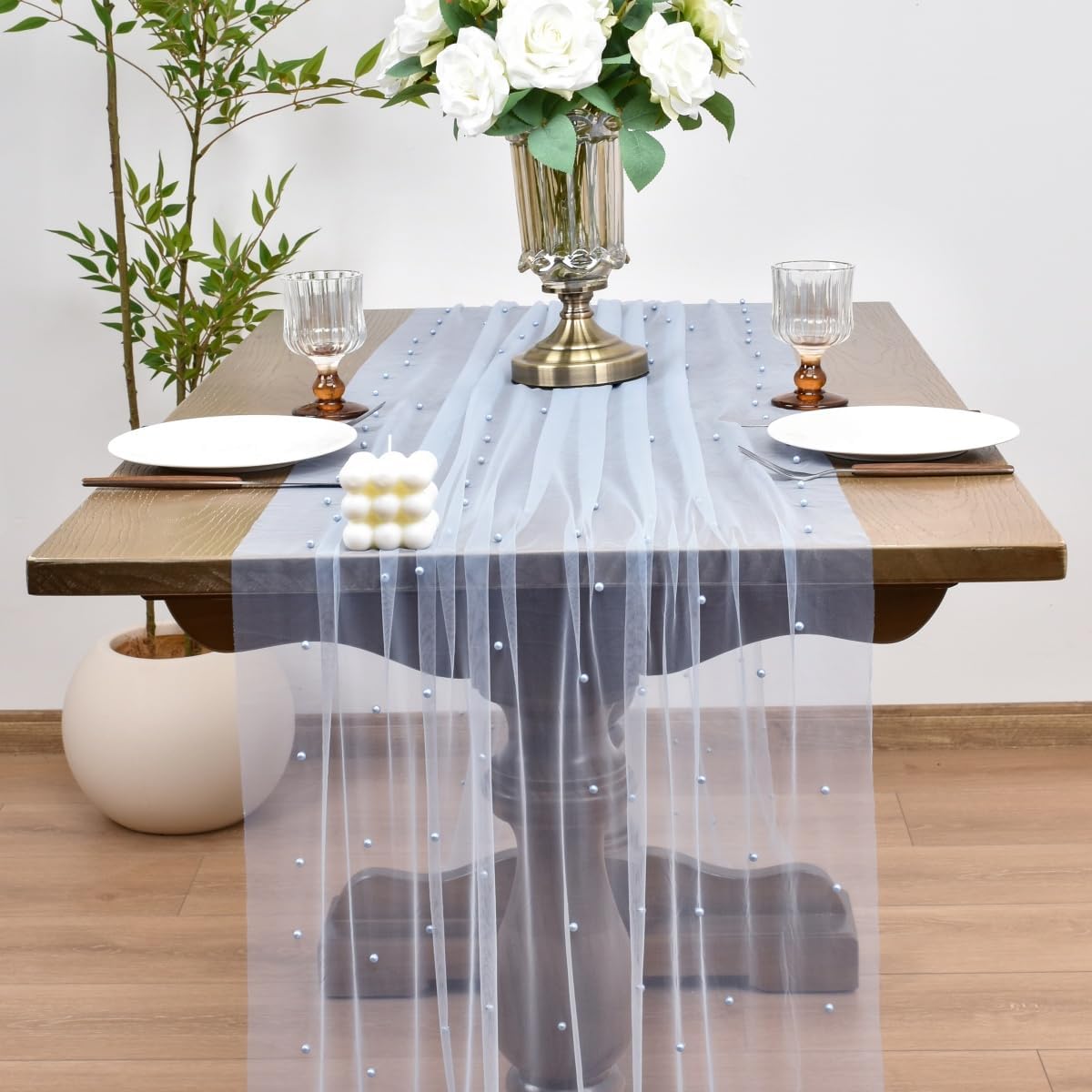 Joanlody Fall Pearl Table Runner 10ft Rustic Boho Tulle Table Runner with Pearls for Baby Shower Wedding Party Veil Dessert Thanksgiving Table Decor Blue 4pcs
