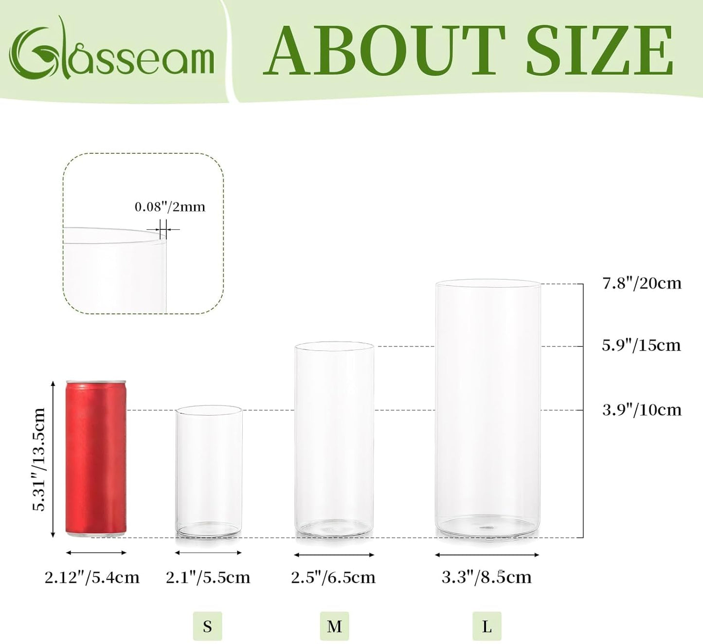 Glasseam Clear Cylinder Vases for Centerpieces, Glass Cylinder Vase Set of 6, Hurricane Vase for Flowers, Glass Cylinder Candle Holder for Pillar Candles, Floating Candle Vases for Wedding Decorations