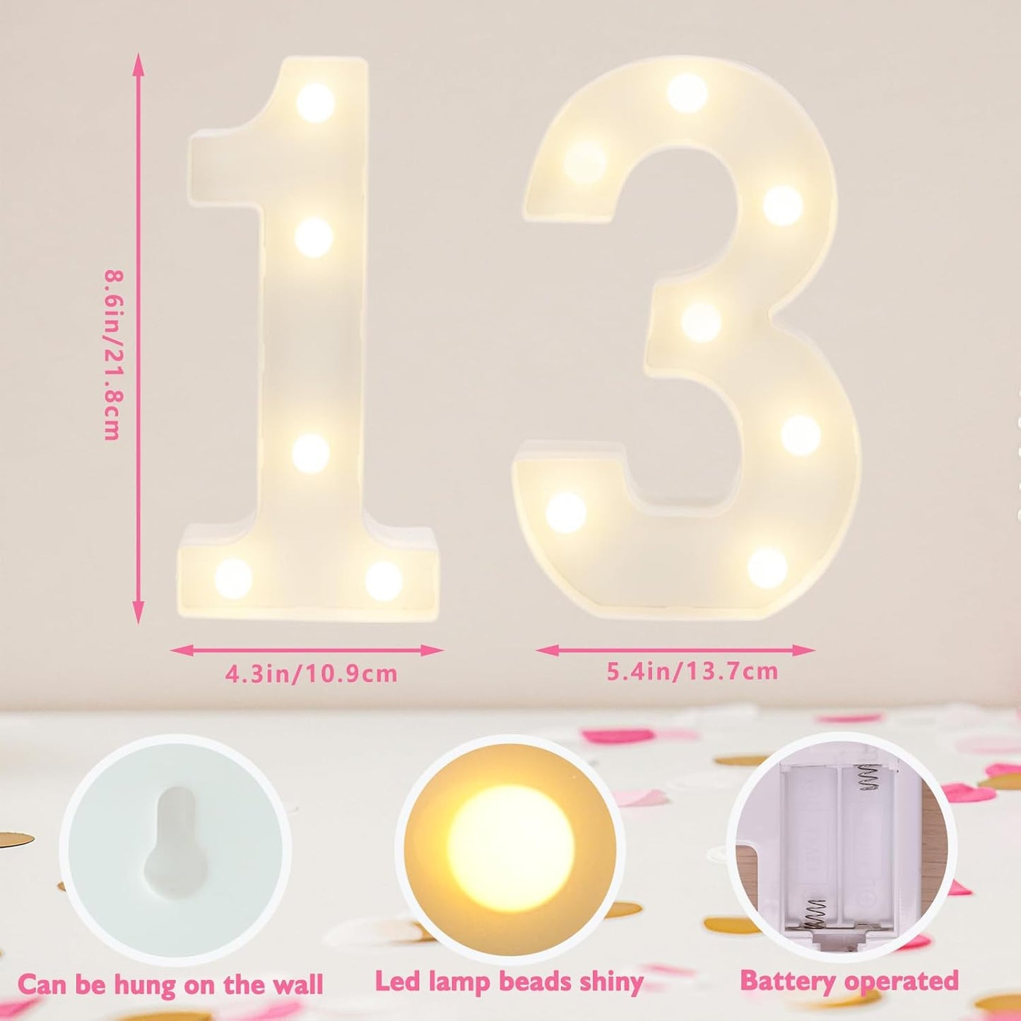 Decorative Led Light Up Numbers, 13th Birthday Decorations, Warm White Led Numbers Lights, Lighted Marquee Number Sign for Sweet 13th Party Decor