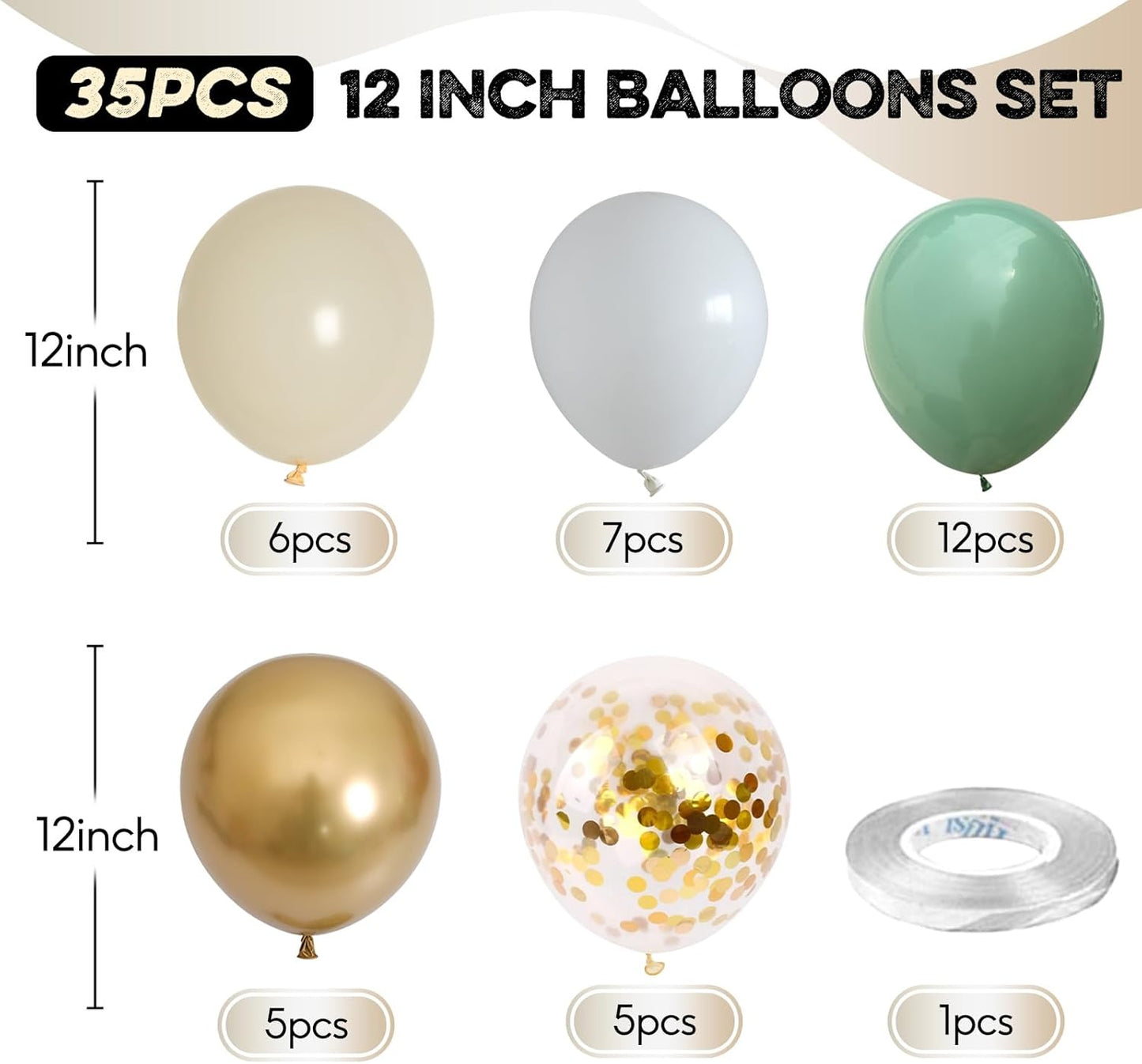 Sage Green Gold Balloons, 12 Inch Green White Metallic Gold Balloons, Olive Sand White Balloon Golded Confetti Latex Balloon for Birthday Wedding Baby Shower Party Decoration