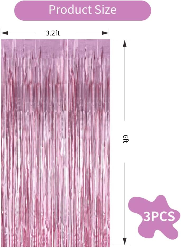 3Pcs Pink Metallic Tinsel Foil Fringe Curtains,3.28ft x 6.56ft Pink Photo Booth Backdrop Streamer Curtain,Photo Booth Props,Ideal Bachelorette Party Supplies,Birthday, Christmas,New Year Decorations