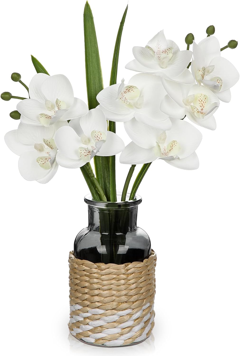White Orchids Artificial Flowers with Vase, Small Faux Orchid Arrangement Fake Flower in Woven Glass Vase Black and White Decor Small White Centerpieces for Kitchen Dining Room Tables Bathroom Decor