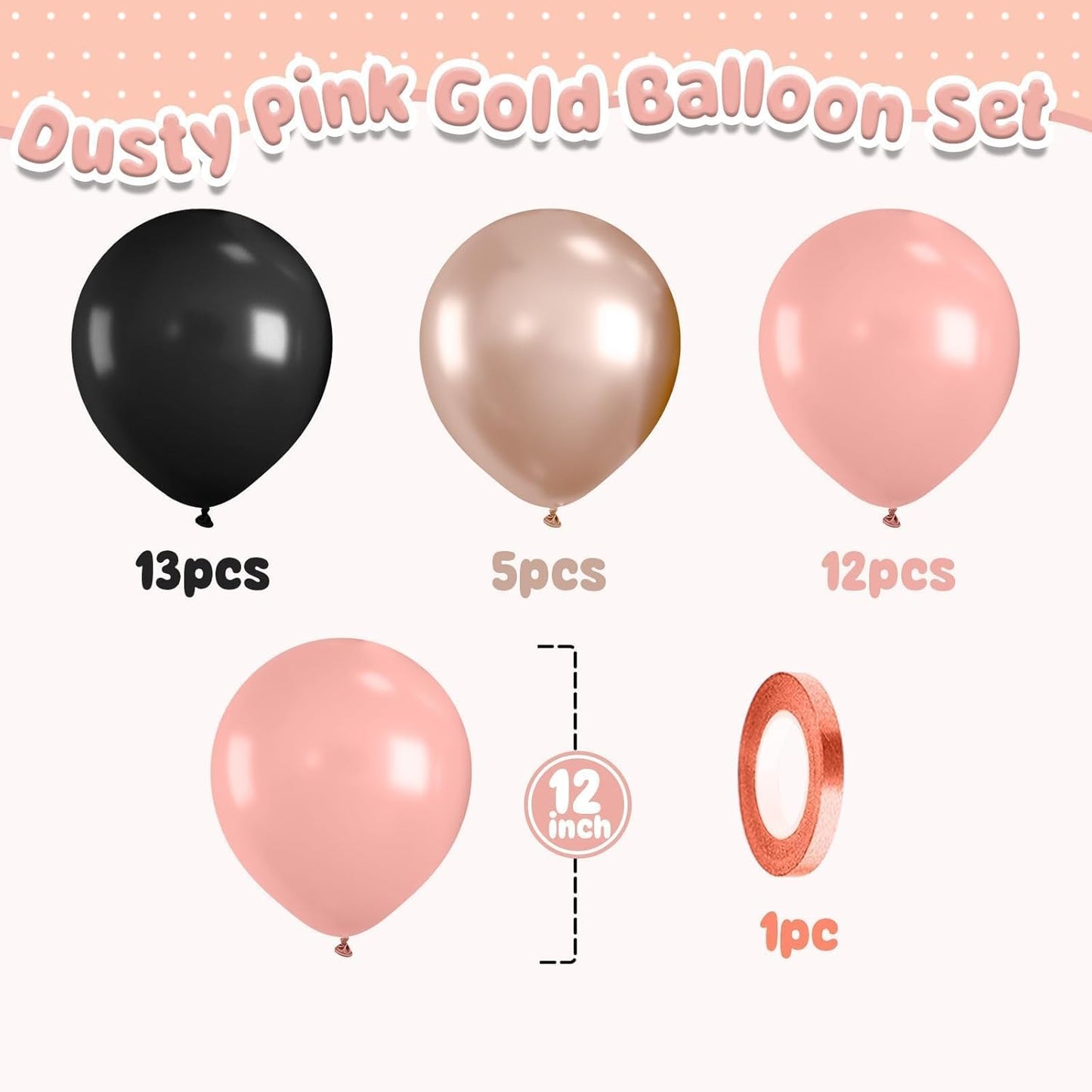 Rose Gold and Black Balloon,12 Inch Metallic Rose Gold Balloons Retro Pink Balloons for Birthday Wedding Bridal Shower Bachelorette Party Decorations