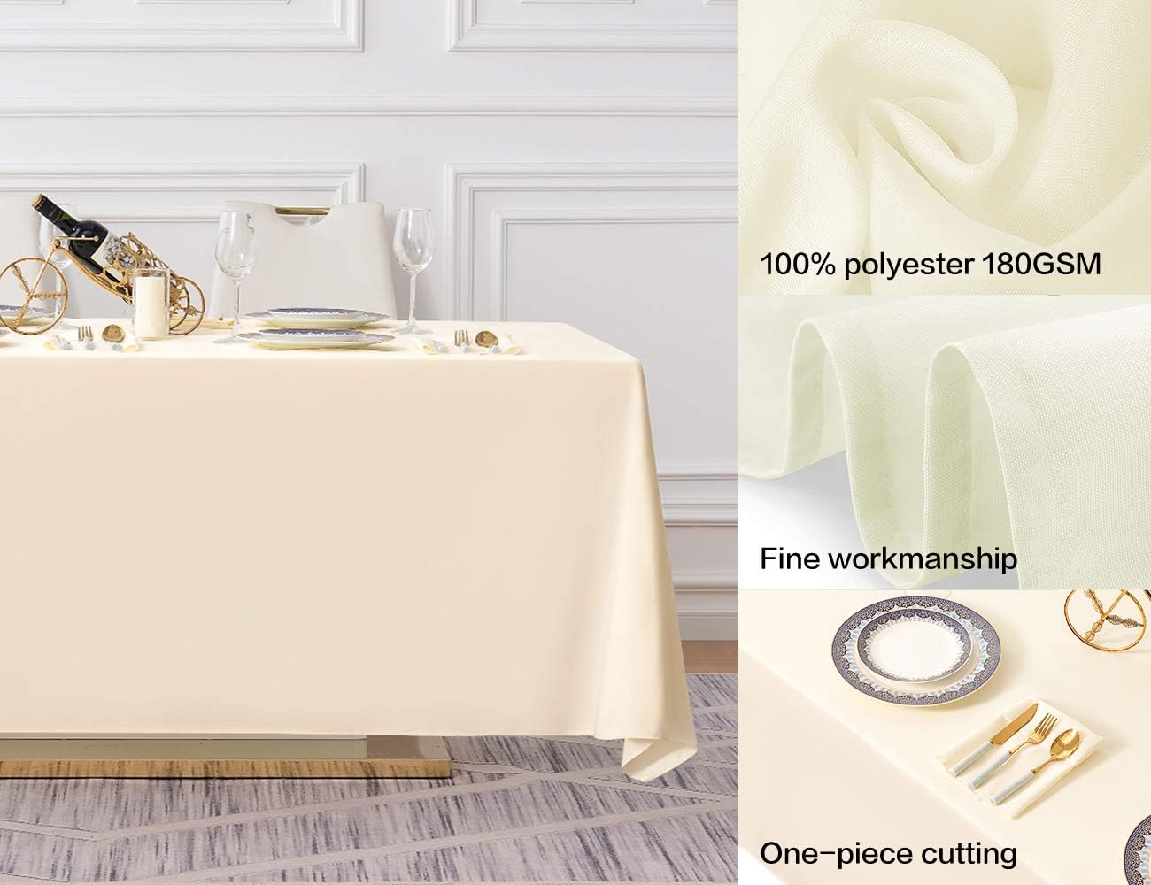Surmente Beige Tablecloth 90 x 132-inch Rectangular Polyester Table Cloth for Weddings, Banquets, or Restaurants
