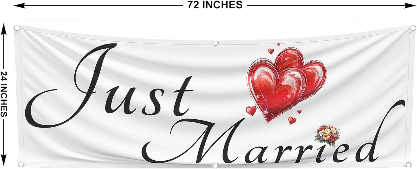 Just Married Flag Banner Outdoor Indoor Decoration Flag 24x72inch Single Stitched Polyester with Brass Grommets (White)