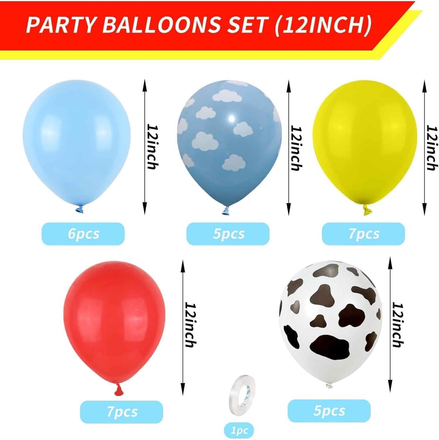 Color Balloons - 12 Inch Red, Blue, Yellow Cow Print Sky Blue Cloud Story Balloons for Party Themed Decor