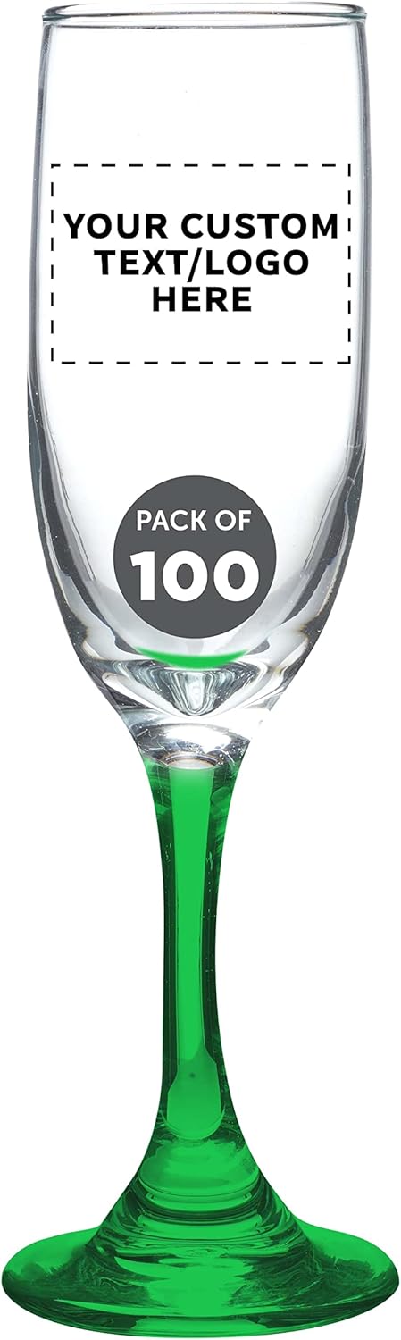 DISCOUNT PROMOS Custom Premiere Champagne Flutes 6.25 oz. Set of 100, Personalized Bulk Pack - Elegant Drinkware for Weddings, Events, & Promotional Gifts - Green
