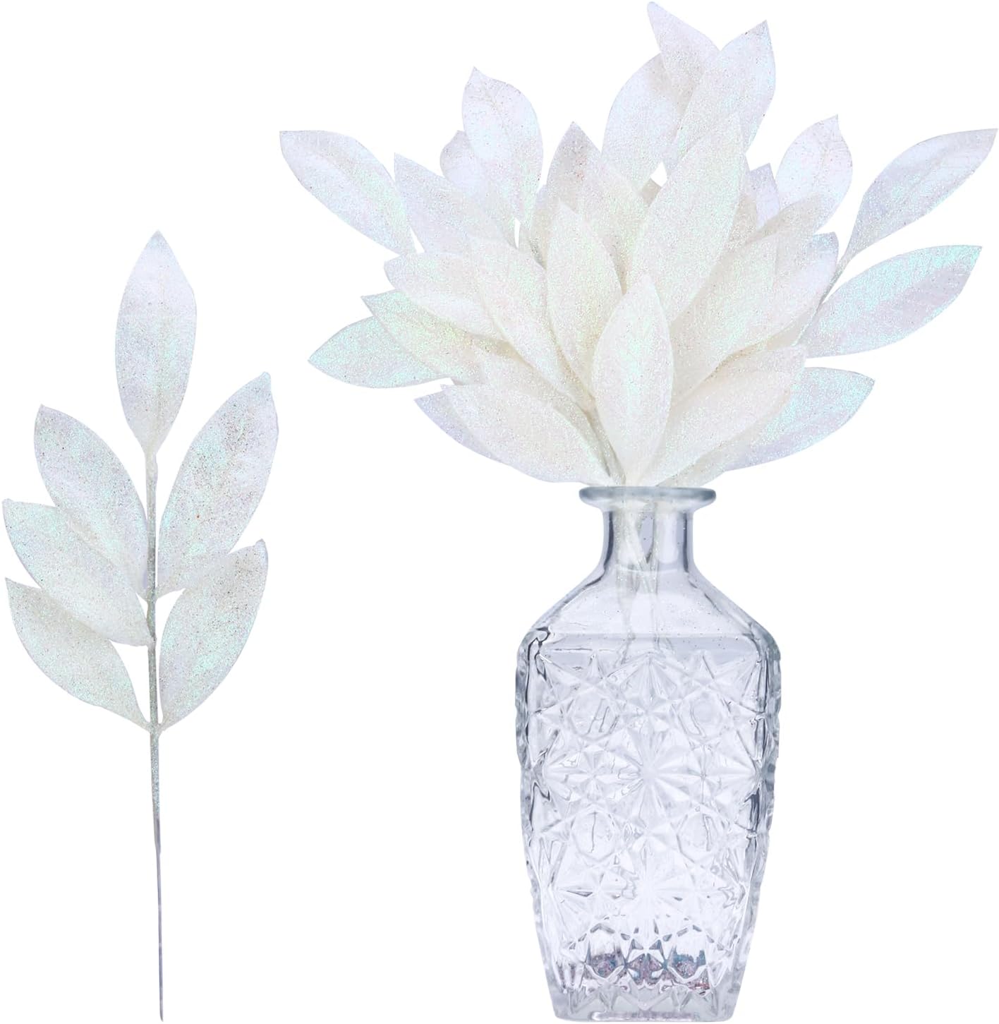 GREENTIME 12 Pack Artificial White Glitter Leaves 13" Fake Christmas Picks Decorative Glitter Sticks for Vase Christmas Tree DIY Wreath Crafts Fireplace Decor