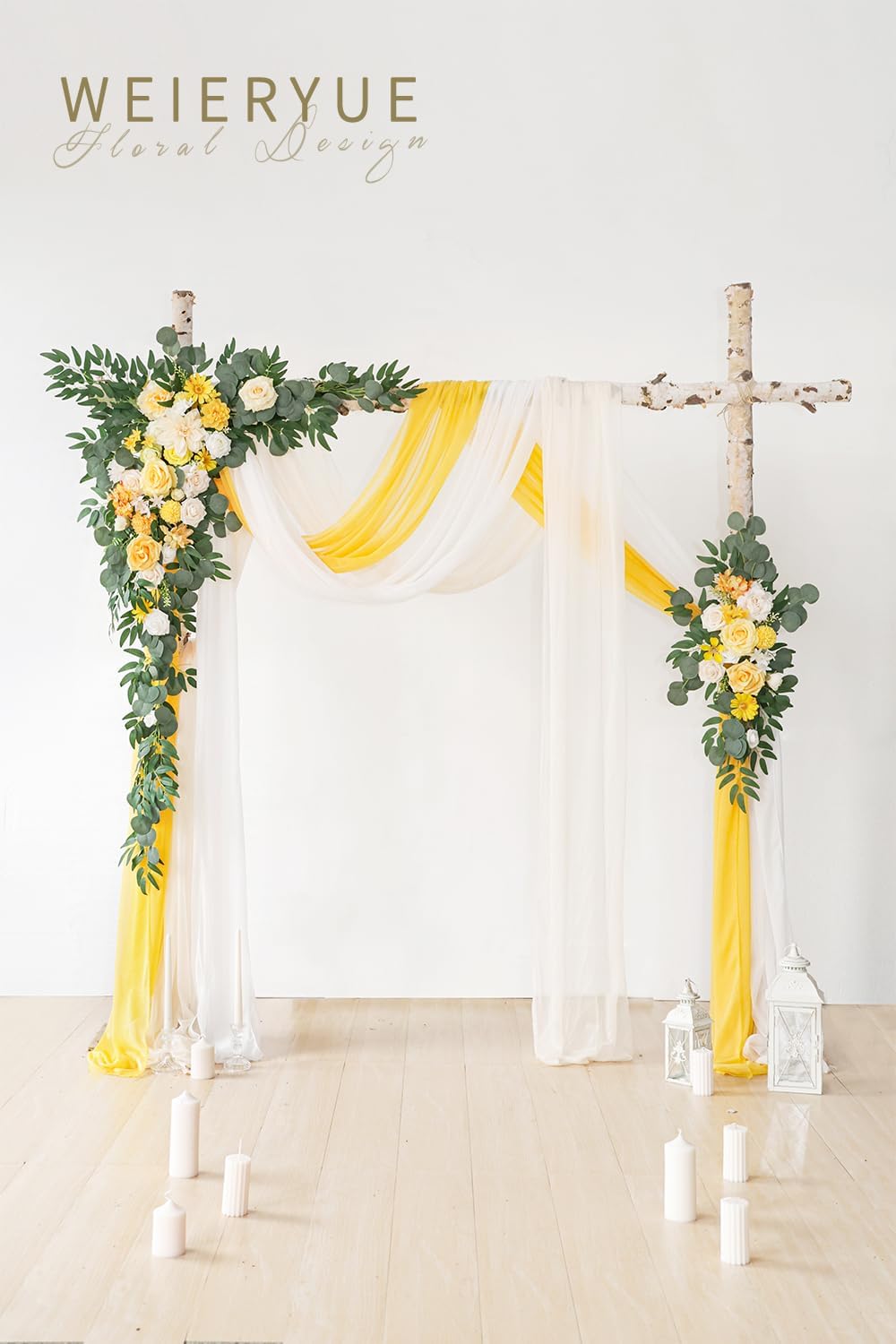 Deluxe Yellow Artificial Wedding Arch Flowers with Drapes Kit-Pack of 5, 2pcs Flower Arrangements 3pcs Hanging Sheer Drapes Yellow Ceremony Arbor Reception Backdrop Rose Floral Decorations.