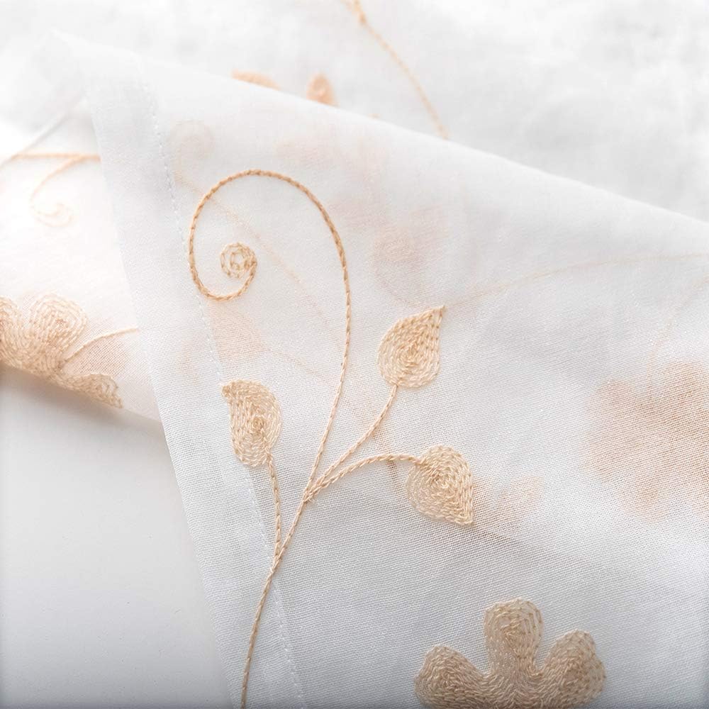 Floral Embroidery Sheer Curtains Beige 95 Inch Length, Rod Pocket Voile Drapes for Living Room, Bedroom, Window Treatments Semi Crinkle Curtain Panels for Yard, Patio, Villa, Set of 2, 52"x 95".