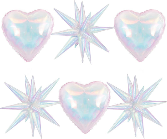 6Pcs Iridescent Foil Balloons, 22" 18" Heart Explosion Star Iridescent Balloons Large Holographic Clear Foil Balloon for Birthday Baby Shower Mermaid Rainbow Wedding Party Supplies