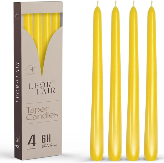 Leor & Lair Yellow Taper Candles - 4 Pack 10" Yellow Candlesticks - Unscented Long Burning Candles for Fall Decor, Dinner Table, Holidays, Weddings, Restaurants & Business Events