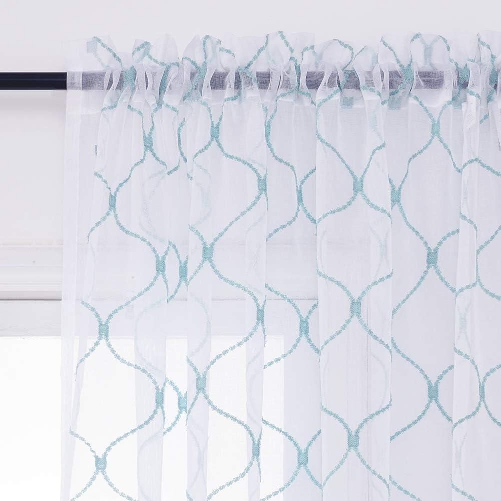 Embroidery Sheer Curtains Blue 95 Inches Long, Window Treatments Rod Pocket Drapes for Living room, Bedroom, Wave Diamond Crinkle Voile Curtain Panels for Yard, Villa, Parlor, Set of 2, 52"x 95".