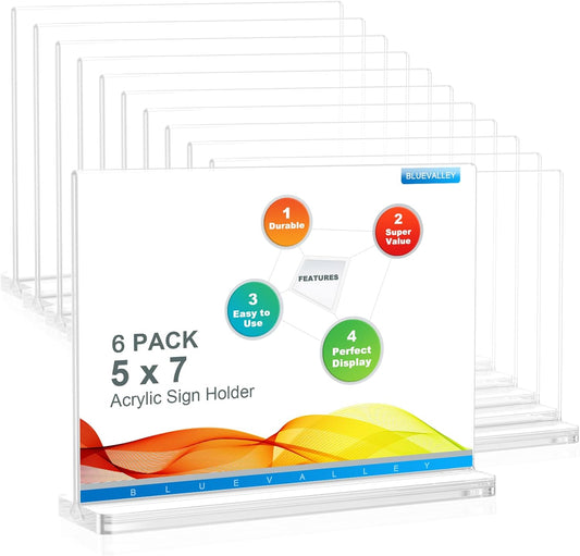 BlueValley Clear Acrylic Sign Holder 7x5 Inch - 12 Pack Double Sided Lucite Plastic Paper Display Stand for Brochure, Tabletop Sign, Document Picture Frame For Office Retail Catering Menu Show Fair Vendor Events