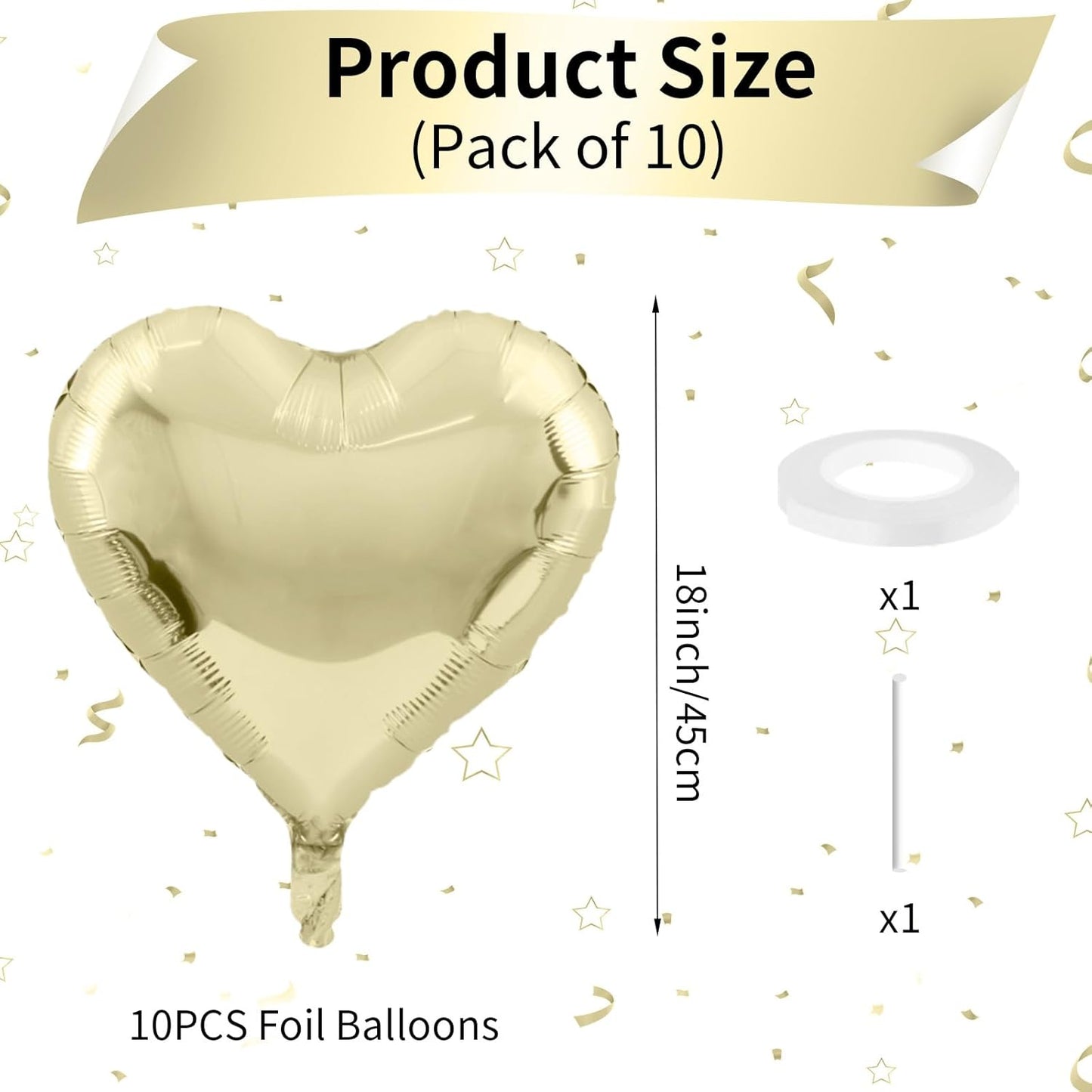 Pastel Gold Heart Balloons - 18 Inch Foil, 10 Pcs Love Balloons for Valentines Day, Birthday, Wedding, Bridal, Baby Shower Decorations