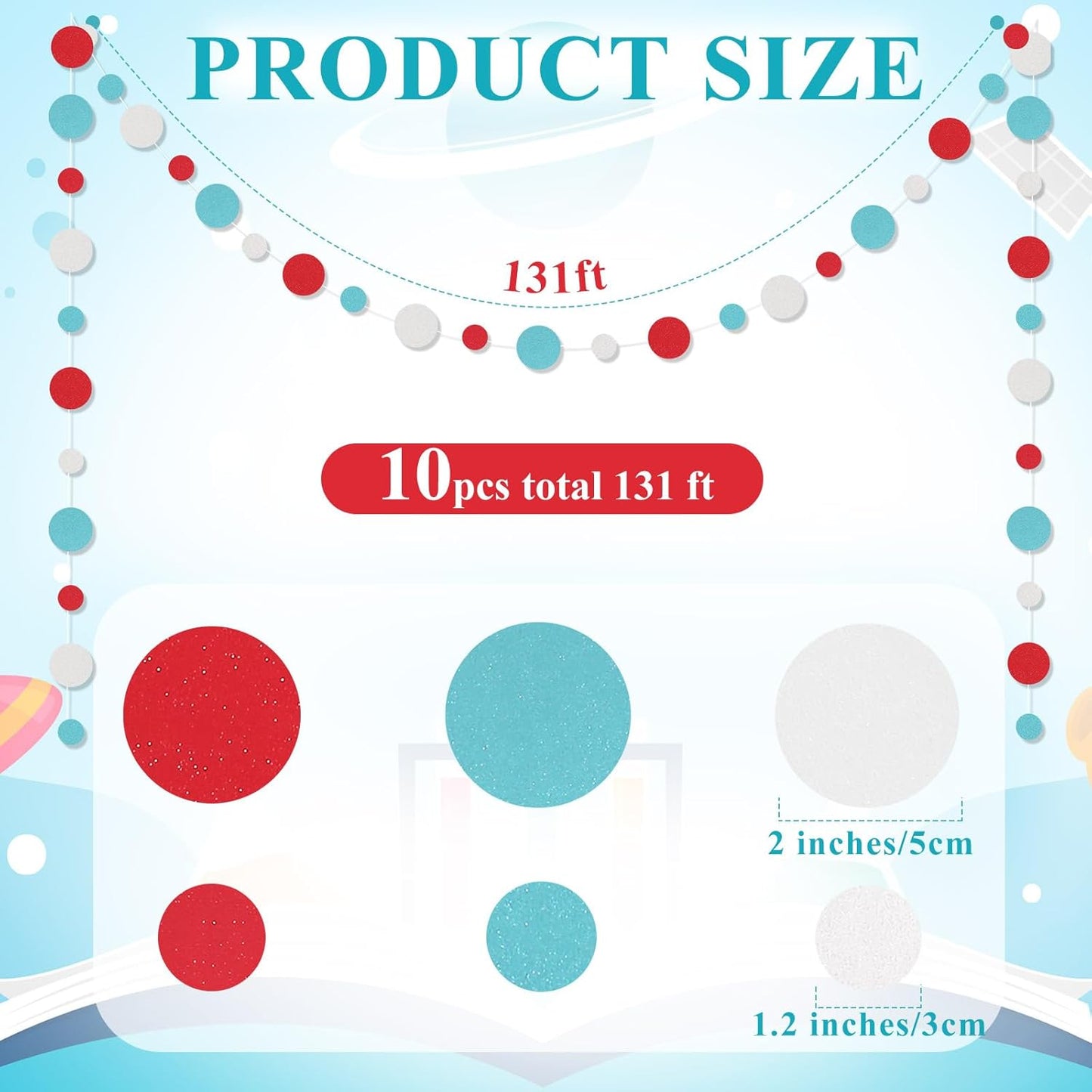 Outus 10 Pieces Colorful Dots Paper Garland Round Glitter Garland Hanging Confetti Streamers Backdrop for Candy Birthday Classroom Halloween Trunk or Treat Car Decoration (Light Blue,White,Red)