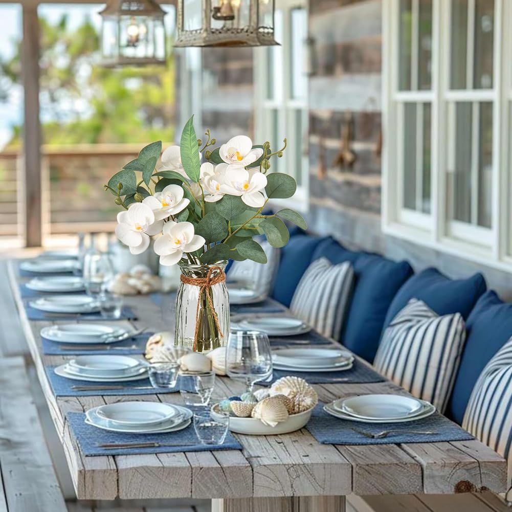 White Orchids Artificial Flowers with Vase Fake Flowers in Vase Artificial Eucalyptus Stems in Glass Vases with Faux Water Faux Orchid with Eucalyptus Leaves Arrangement for Dining Table Centerpiece