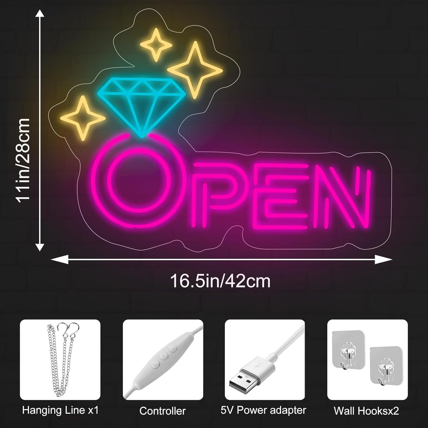 Diamond Open Indoor Neon Sign For Jewelry Store Custom Led Neon Sign Business Decor Store Decor Diamond LED Light Wall Art Decoration, 16.5"x11", Pink