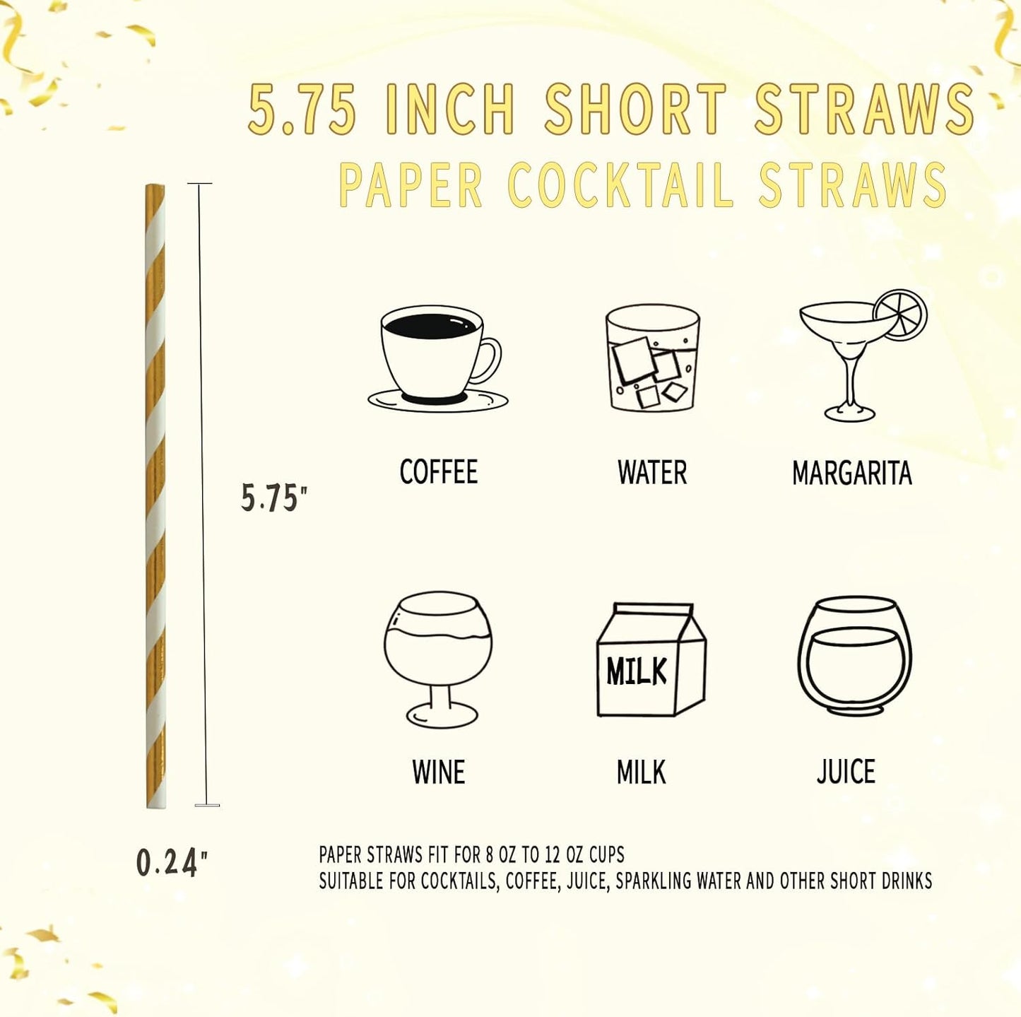 Gold White Stripe Paper Straws - 5.75 Inch Short Paper Drinking Straws, for Birthday, Wedding, Bridal, Party, Bars, Restaurants, Drinks - 500 Counts