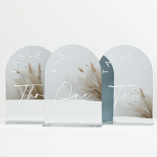 JINMURY Sliver Arch Wedding Table Numbers 1-10 with Stands, 5x7 Inch Acrylic Arch Sign with White Lettering, Sliver Mirror Acrylic Table Numbers for Wedding Reception