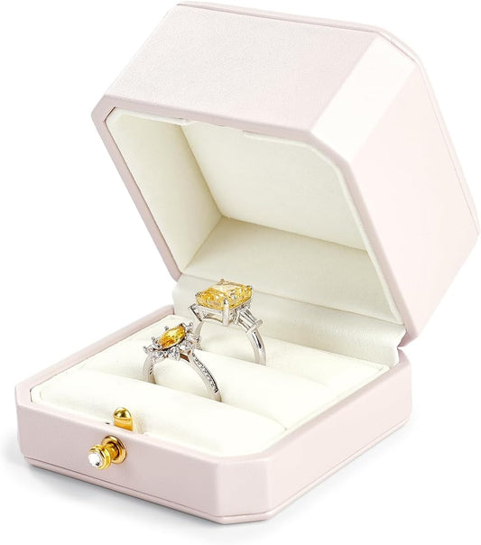 Oirlv Premium Leather Double Ring Box for Wedding Ceremony Engagement Couple Rings Holder Jewelry Gift Box(Pink,Double)