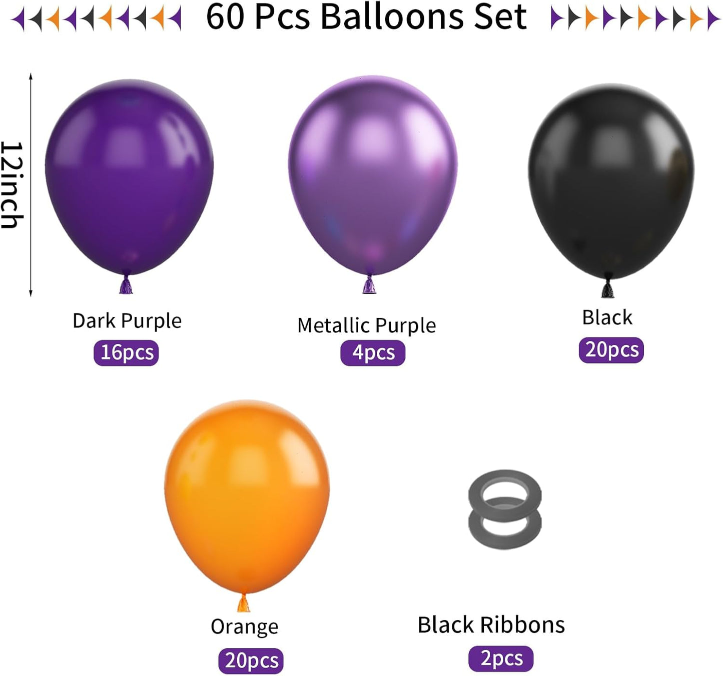 FunHot Halloween Party Balloons, 60Pcs Black Purple Orange Balloons, 12 Inch Metallic Purple Black Latex Balloons Purple Orange Party Balloons Helium for Kids Halloween Birthday Decorations Indoor