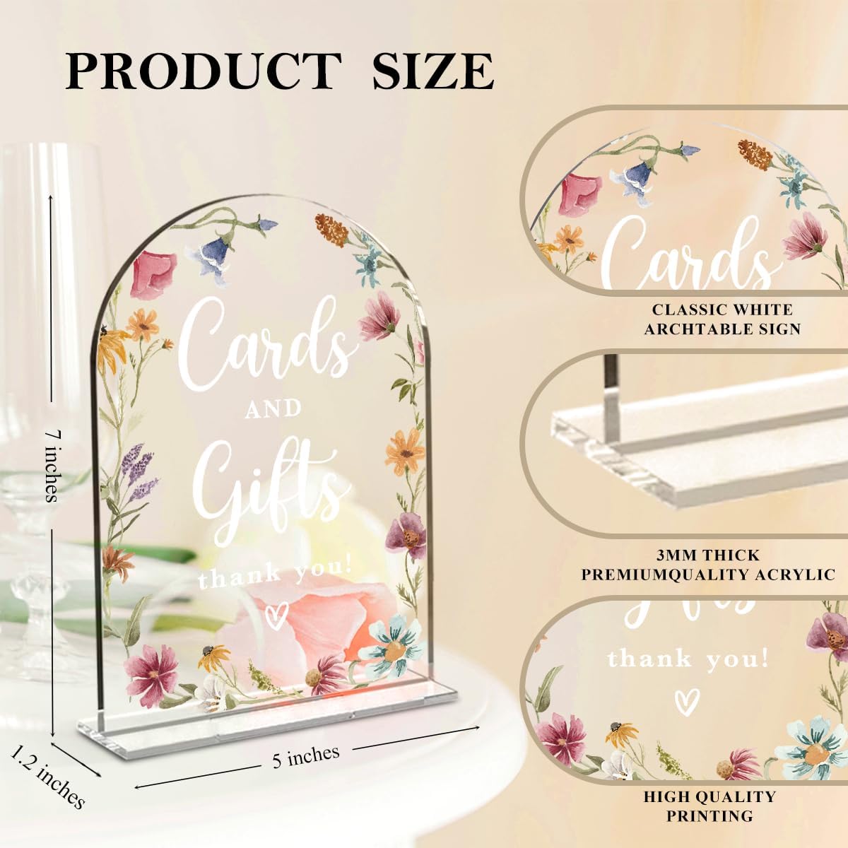 4 Pcs Acrylic Wedding Signs for Reception, Bridal Shower Decorations, Cards and Gifts Signs, Guest Book Sign, Arch Acrylic Table Top Sign with Holder for Wedding Reception (Clear Wildflowers)