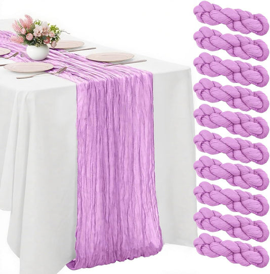 10 Pack Light Purple Cheesecloth Table Runner -21*120Inch Long Boho Wedding Table Decor, Rustic Gauze Fabric Runner for Bridal Showers, Baby Showers & Parties (Sheer, Lightweight, Wrinkled Design)