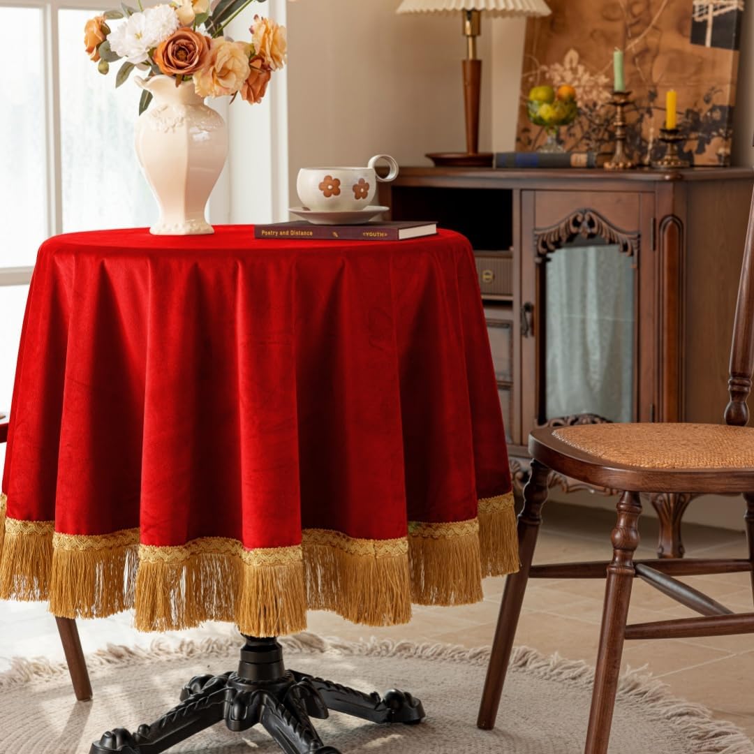 F-CHU Red Tablecloth Thickset Velvet Tablecloth with Beautiful Gold Tassels Vintage Table Cloth for Home Decor Wedding, Party, Banquet and Events 60" Round