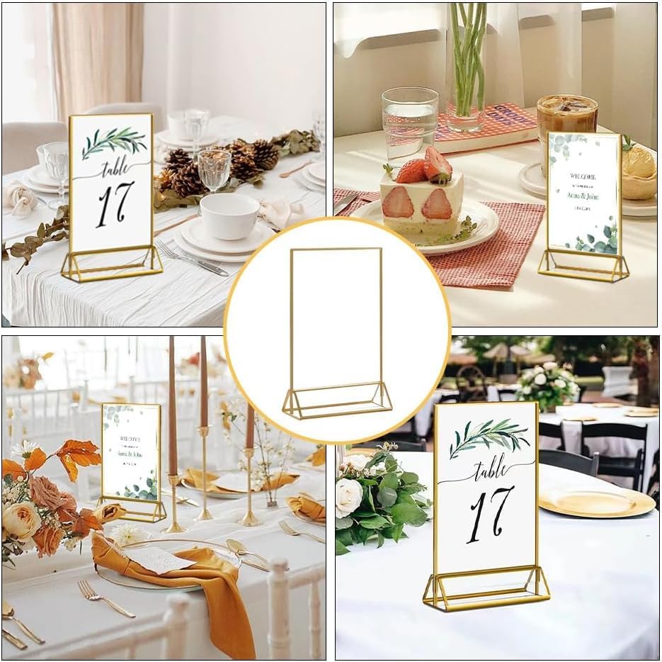16 Pack Gold Acrylic Sign Holder, 4x6 Inch Picture Frames Wedding Double Sided Display Clear Sign Holders Stand Desktop Table Menu for Wedding Party Restaurant