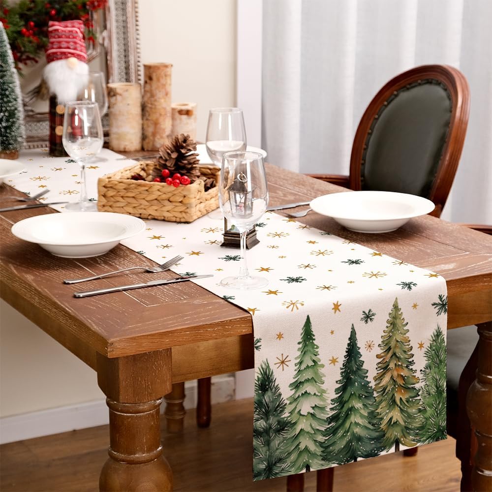 GEEORY Christmas Table Runner 13x36 Inch, Xmas Tees Snowflakes Holiday Decorative Farmhouse Table Decoration for Kitchen Dinning, Indoor Outdoor Dinner Party Decor (Light Green) GT166-36