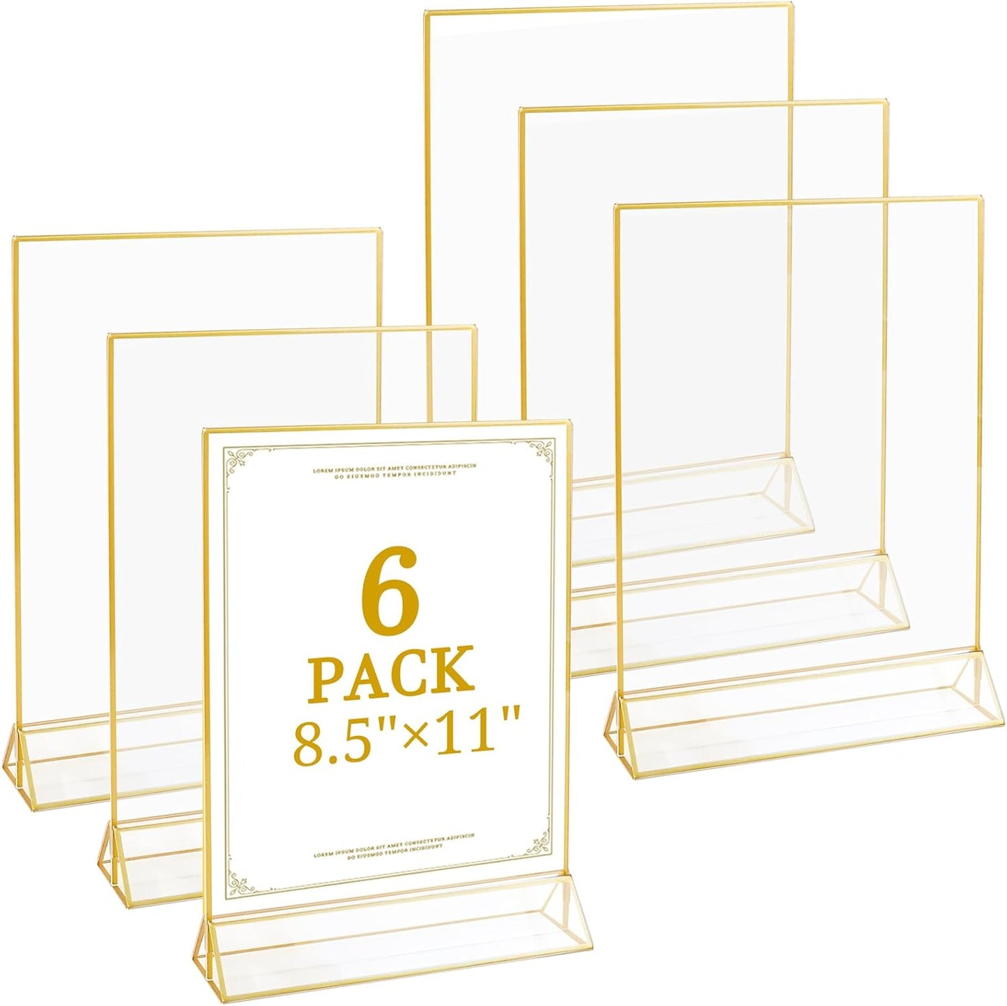 Floroom 6 Pack 8.5x11 Inch Clear Acrylic Sign Holders, Double-Sided Gold Display Stand Picture Frames for Table Numbers, Menus, Flyers, Weddings, and Offices