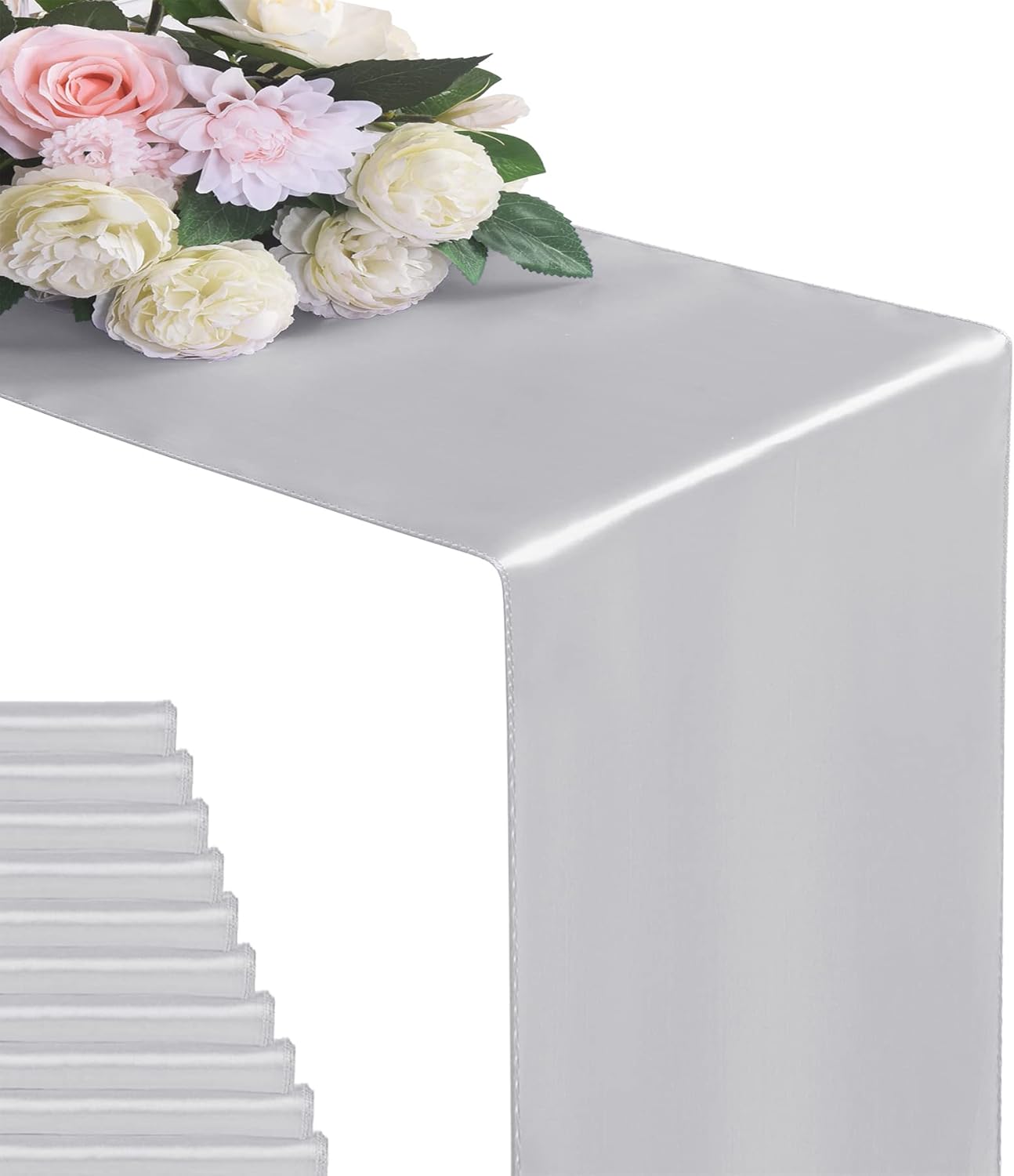 24Pack Table Runner 12 x 108 Inches Satin Silk Table Runner for Wedding, Birthday Party, Banquets, Graduations Decoration, fit Rectange and Round Table-Silver