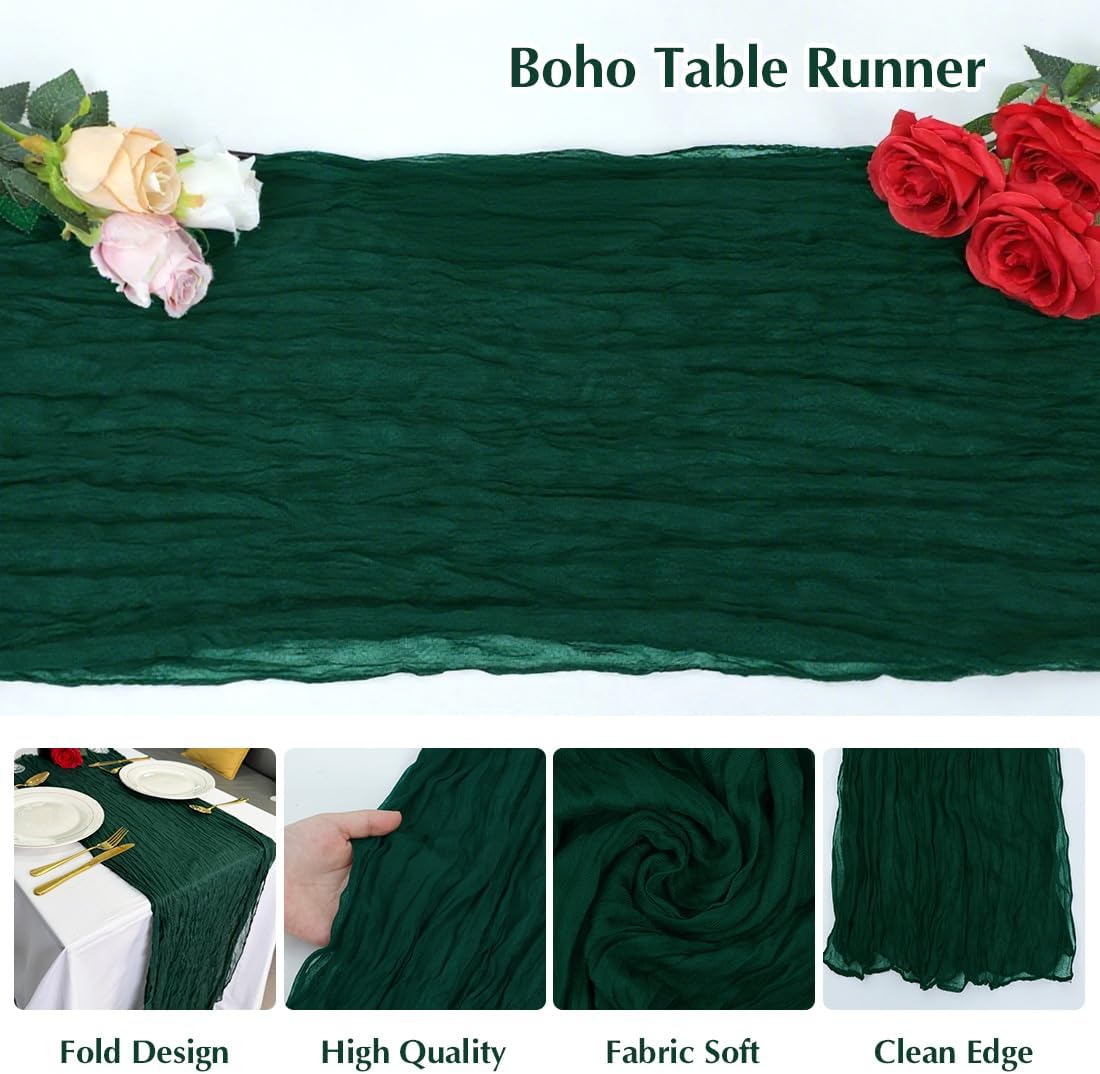 Blackish Green Cheesecloth Table Runner -21*120Inch Long Boho Wedding Table Decor, Rustic Gauze Fabric Runner for Bridal Showers, Baby Showers & Parties (Sheer, Lightweight, Wrinkled Design)