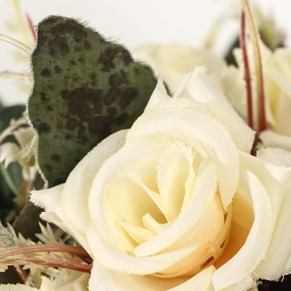 LESING Artificial Rose with Vase,Fake Silk Flowers Bouquets in Vase Table Centerpiece Arrangement for Kitchen Living Room (Champange)