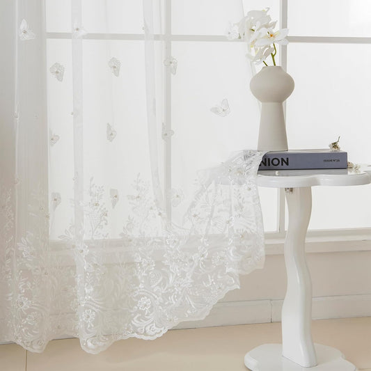 VISIONTEX White Sheer Voile Curtains, Decorative White Embossed Butterflies Rod Pocket Window Drapes for Home Kitchen, Living Room and Bedroom 54 x 72 Inch, Set of 2 Curtain Panels