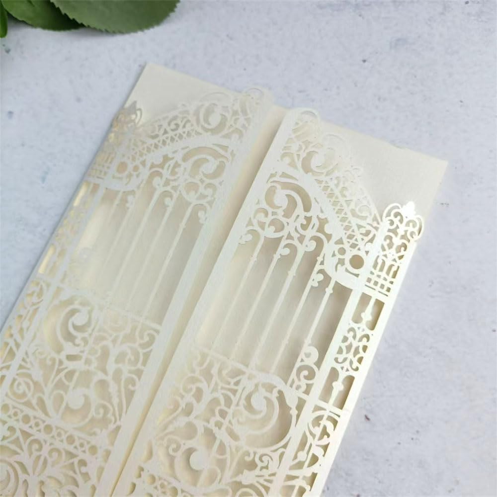 MillaSaw Pearl Ivory Laser Cut Wedding Invitation Card Fence Design For Wedding Engagement Birthday Party 25 Sets (IVORY PEARL PAPER, 4.9"x7.1")