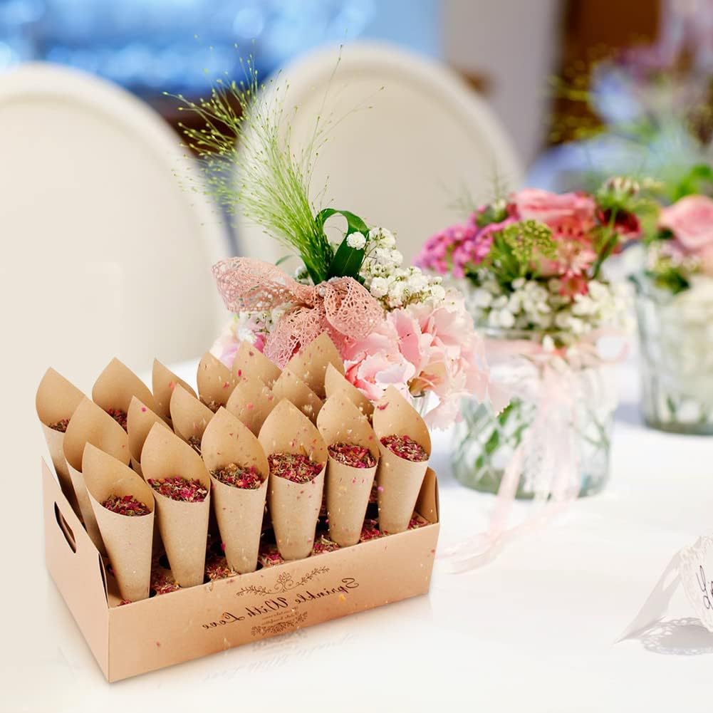 30 Pieces biodegradable confetti Cones and Stand Tray Paper Cone Box 30 Holes Suitable Placing Dried Flower Petals Confetti for Wedding, Engagement, Party, Birthday (Kraft)