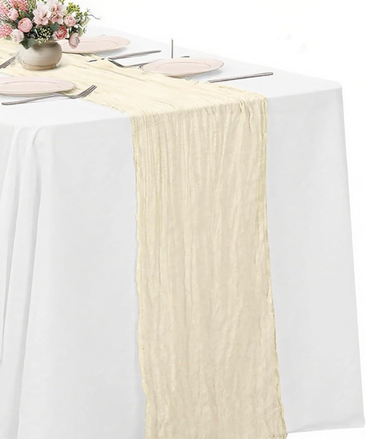 Beige Cheesecloth Table Runner -21*120Inch Long Boho Wedding Table Decor, Rustic Gauze Fabric Runner for Bridal Showers, Baby Showers & Parties (Sheer, Lightweight, Wrinkled Design)