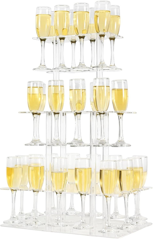 Champagne Tower, Rectangle Acrylic Champagne Display Rack Stand with 32 Slots, 3 Tier Floating Sight Champagne Flute Holder for Party, Wedding, School, Celebration, 17.3x11.8x25.5inch