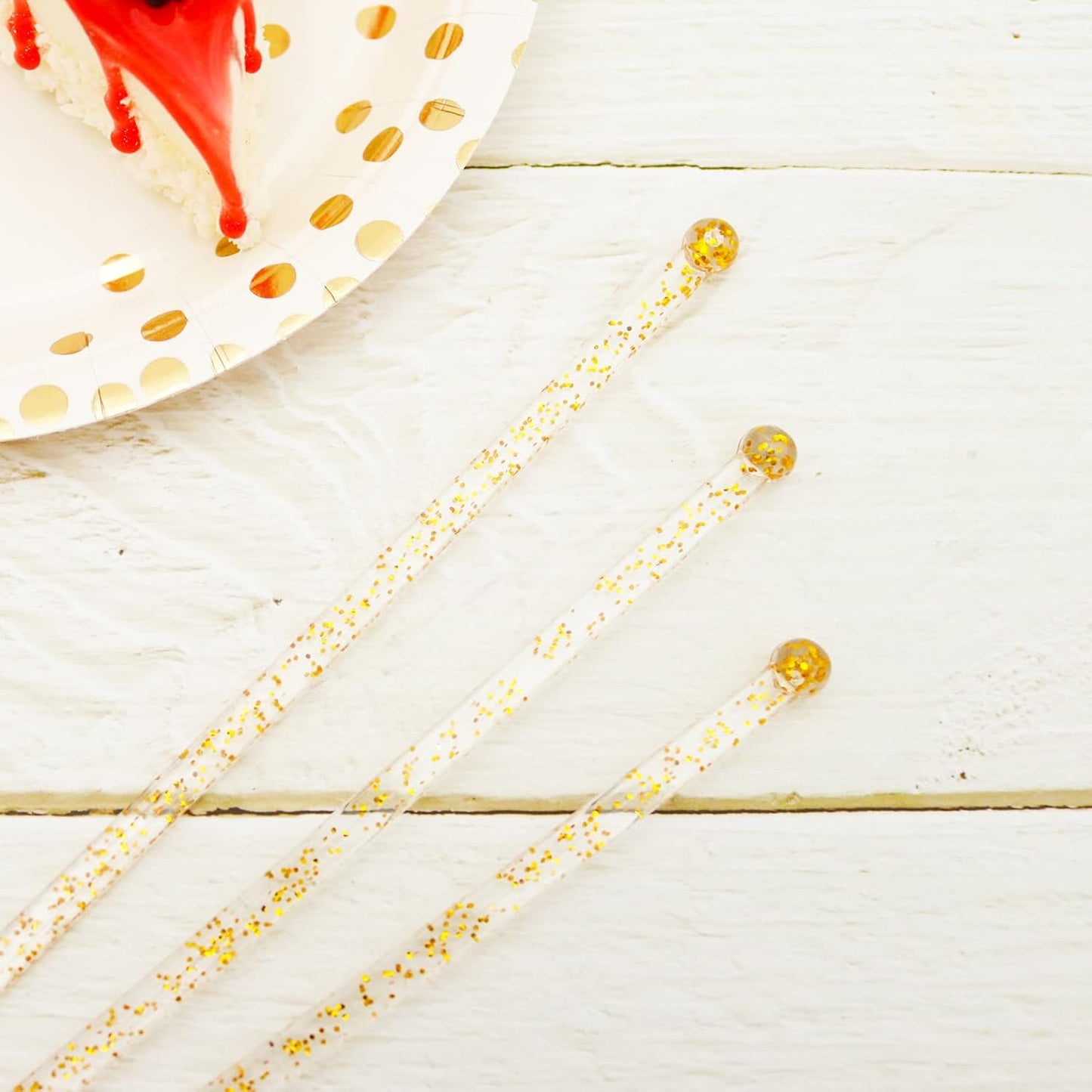 100-PCS Gold Glitter Plastic Swizzle Sticks, Crystal Cake Pops, Cocktail Coffee Drink Stirrers, Stir Sticks for Christmas Party, 7.24 Inch