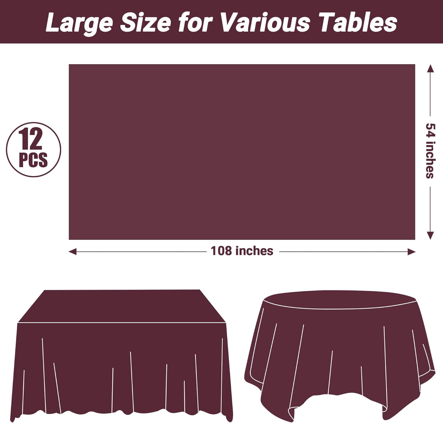 QZYL 12 PCS Wine Plastic Tablecloths, 54 in x 108 in Dinner Table Cloths, Rectangle Table Cover for Birthday Party Family Gathering Wedding