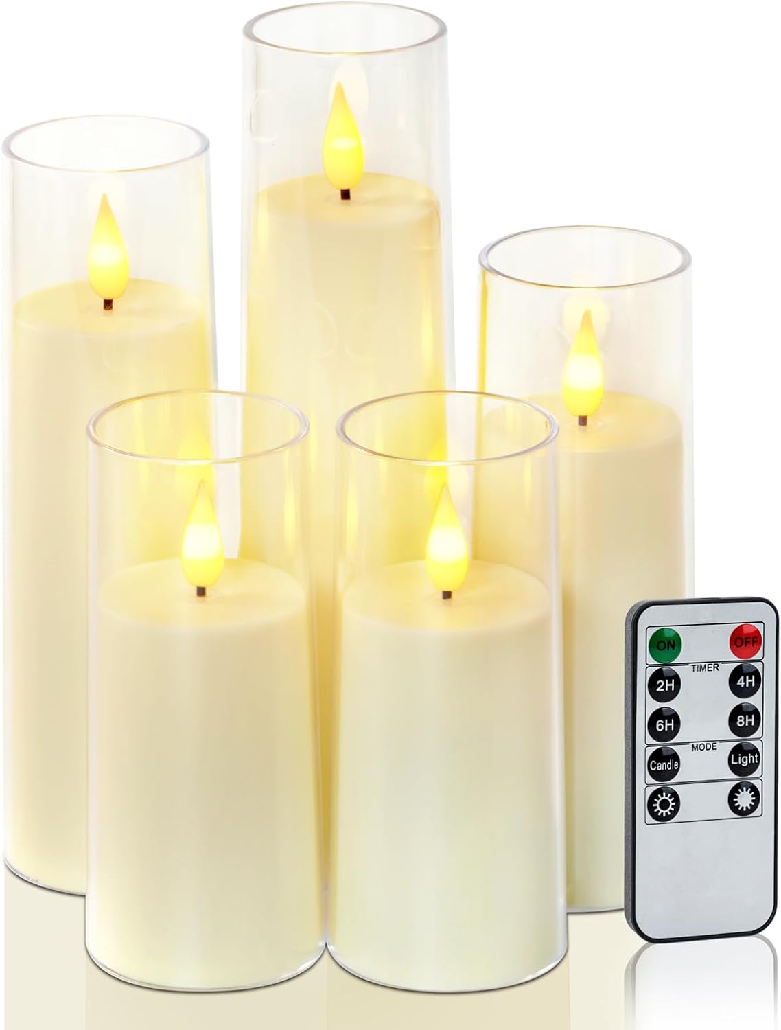 Amagic Flameless Candles Battery Operated, LED Candles with Remote and Timer, Acrylic Plexiglass Flickering Fake Candle for Wedding, Home Decor, Ivory White, Set of 5, D2.2 x H5 5" 6" 7" 8"