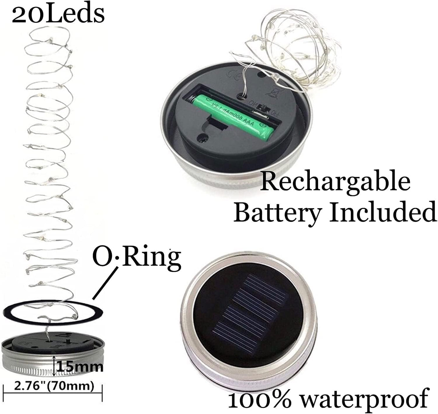 Solar Mason Jar Lid String Lights, 8 Pack 20 Led String Fairy Star Firefly Jar Lids Lights with 8 Hangers Included, for Patio Garden Wedding Lantern (Multi-Colored)