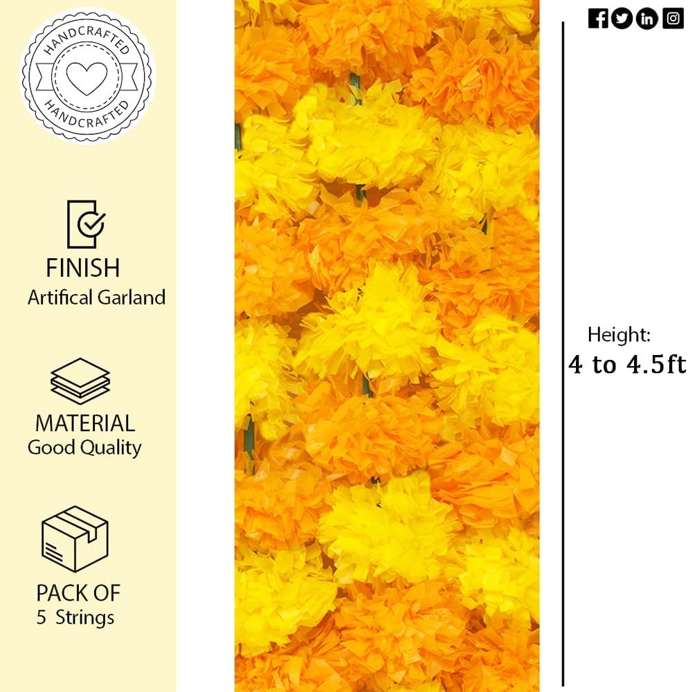 Marigold Garland for Diwali Decorations Pack of 5 - Marigold Artificial Flowers, Indian Marigold Flower Garland for Diwali Decorations (Light Orange Light Yellow | 4 to 4.5 ft) Hashcart®