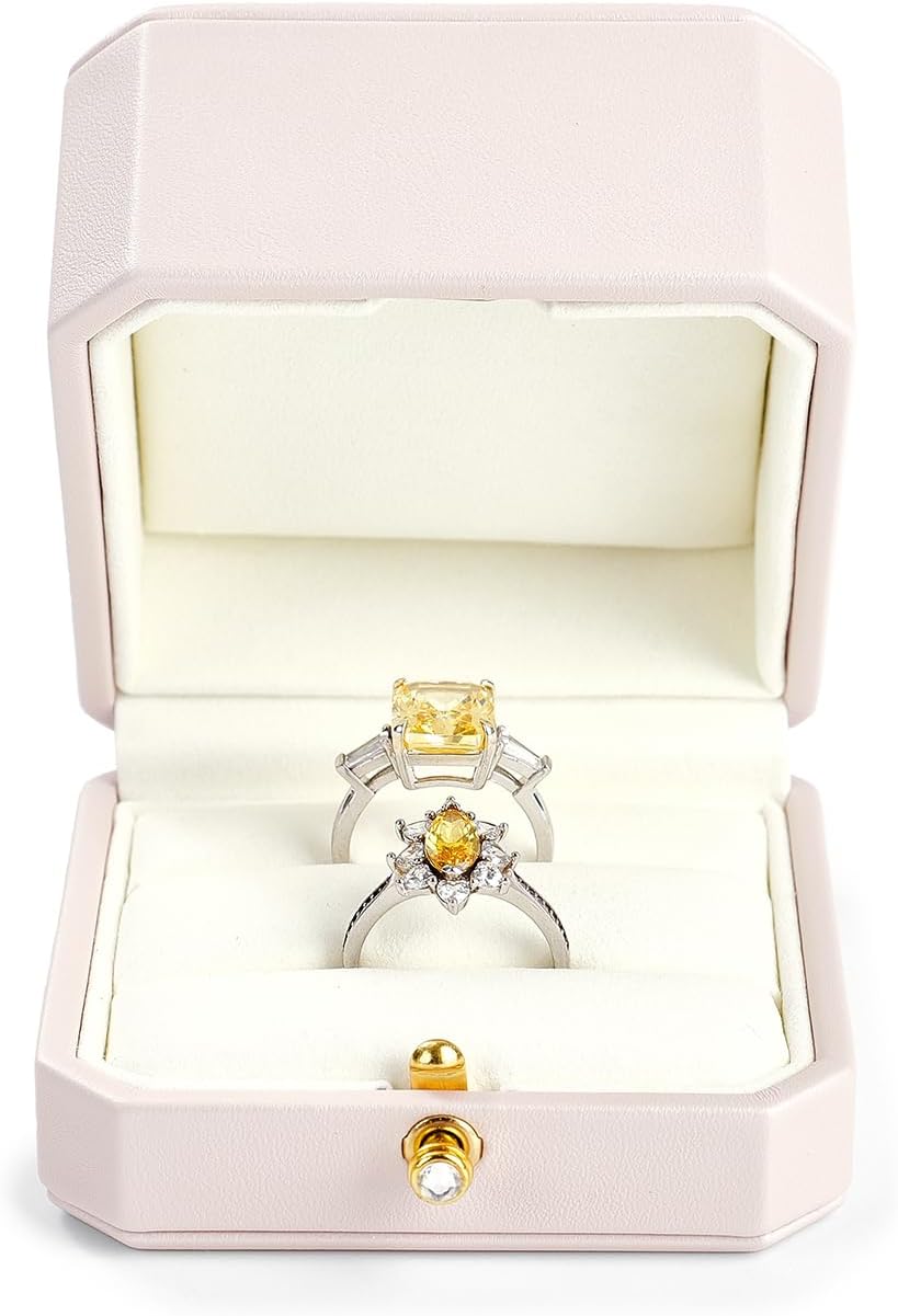 Oirlv Premium Leather Double Ring Box for Wedding Ceremony Engagement Couple Rings Holder Jewelry Gift Box(Pink,Double)